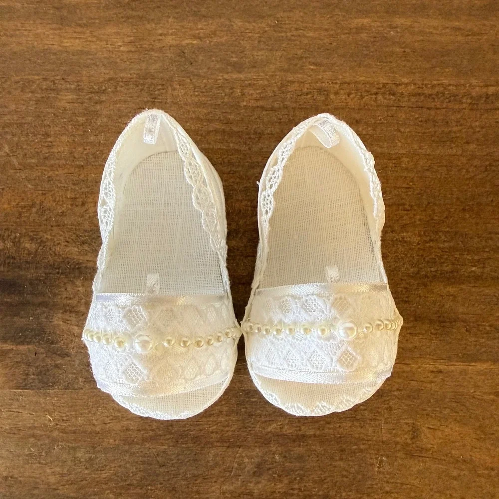 Baby Christening Baptism Shoes Headband Set White Lace Pearl Newborn Doll